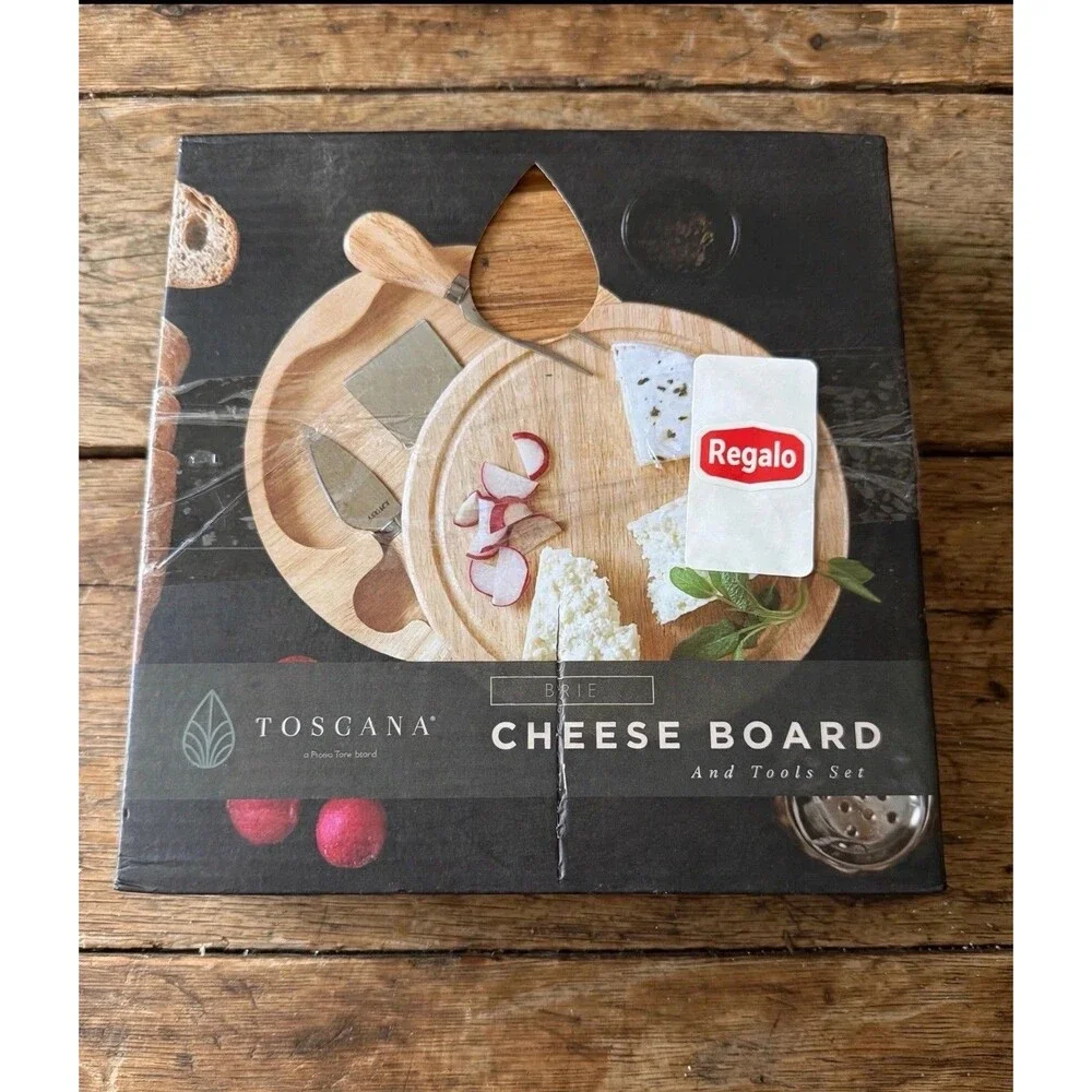 Toscana Brie Cheese Board & Tool Set Wooden Round Serving Board 3 Utensils